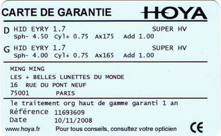 Carte de Garantie Hoya Recto