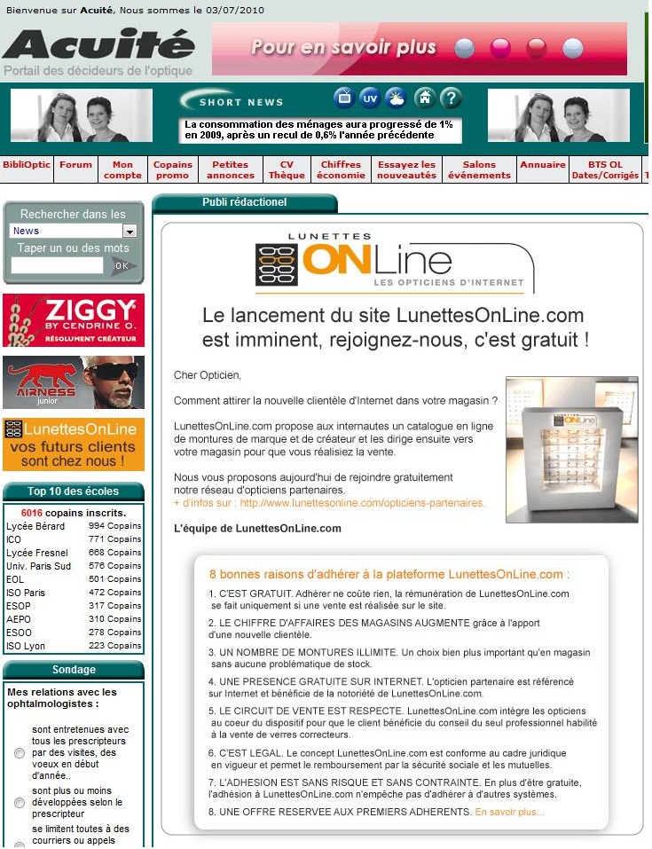 Proposition de lunette on line www.lunettesonline.com aux opticiens